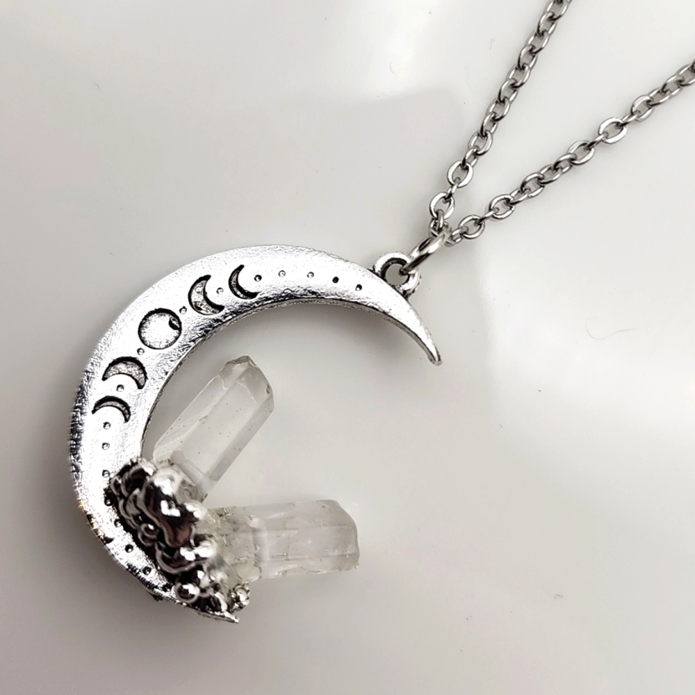 Free People Silver Moon Pendant Necklace with Clear Crystal Points